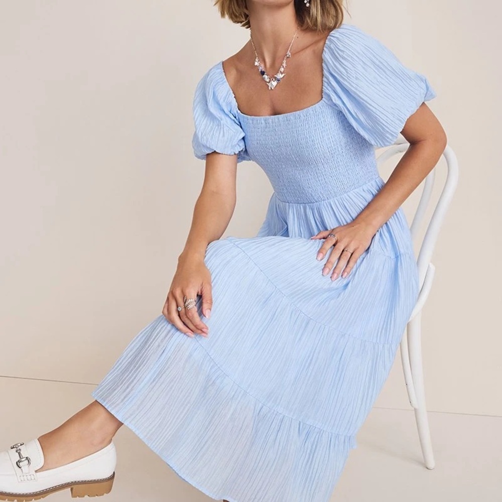 Francesca's Collections Light Blue Smocked Puff Sleeve Midi Dress - Picture 2 of 4
